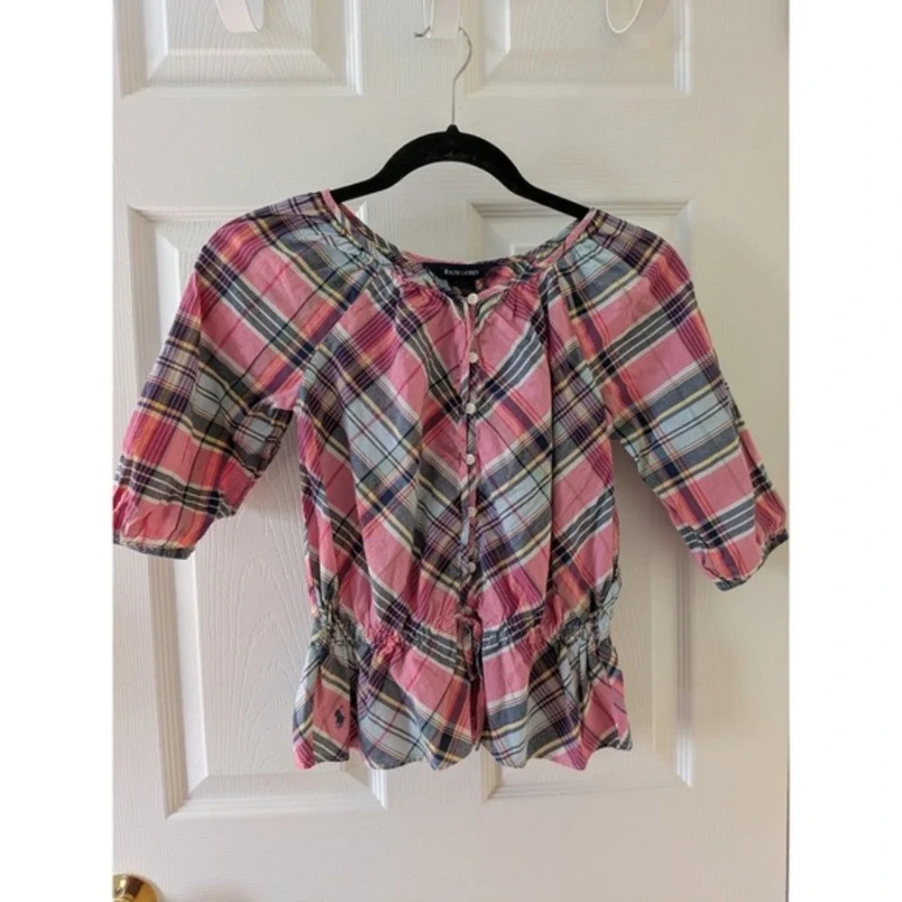 Ralph Lauren Girls Pink Blue Plaid Peplum Button Front‎ Blouse Top Size 8